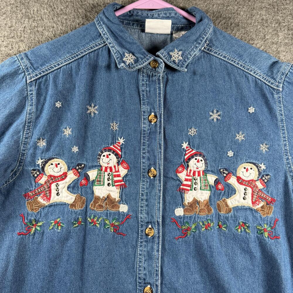 Snowman Embroidered Christmas Top Bobbie Brooks Womens Shirt Small Blue Denim